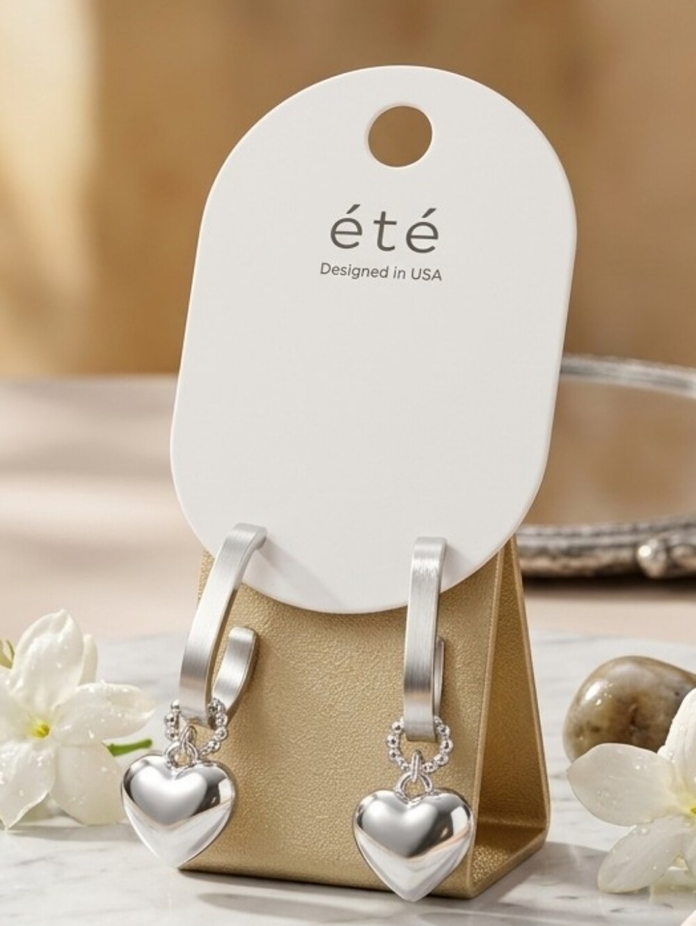 ETE Women's Silver-Tone Huggie Hoop Dangling Puffed Heart Charm Earrings
